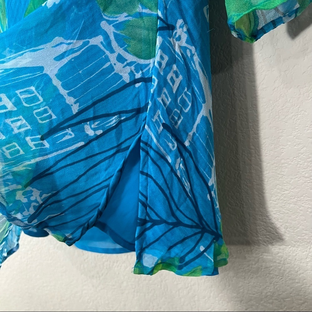 NEW YORK CITY DESIGN CO VTG SZ XL 100% SILk TOP PULLOVER MULTI BLUE RUFFLE BOHO - Picture 3 of 9